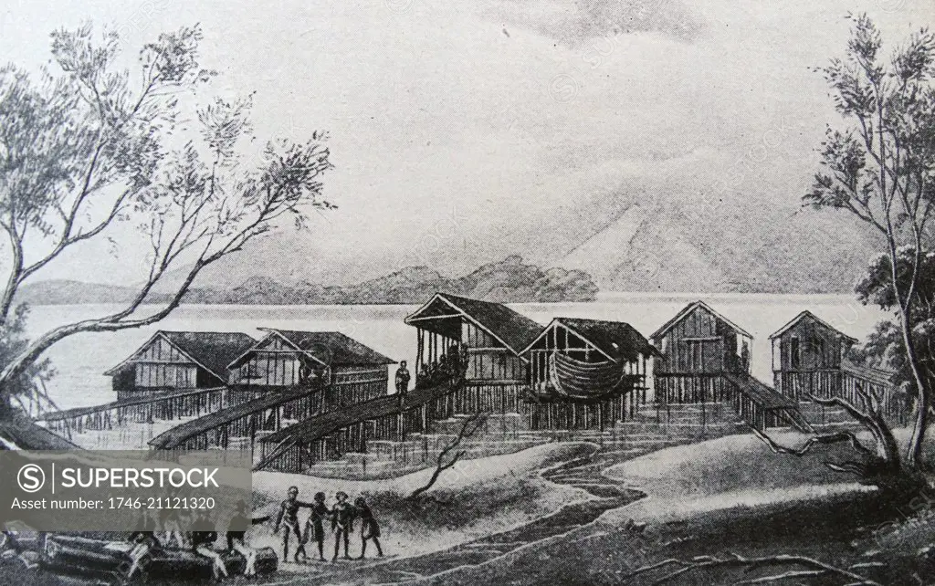 Engraving depicting the lake dwellings in New Guinea. 19th Century