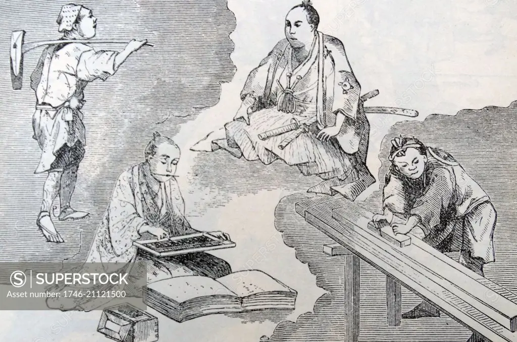 Illustration from 1870 showing class divisions in imperial Japan. The seated noble or Shi; The figure carrying a farming implement represents the agricultural class (No); The third class is represented by a skilled artisan or Ko; seen planning wood. The lowest class were the traders or merchants (Sho) seen here as a man using an abacus.