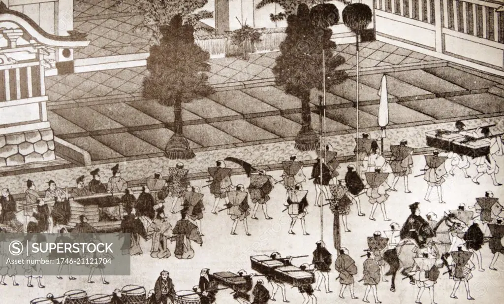 Funeral procession for an emperor in Japan 1800. Nobles offer their processions for the soul of the emperor