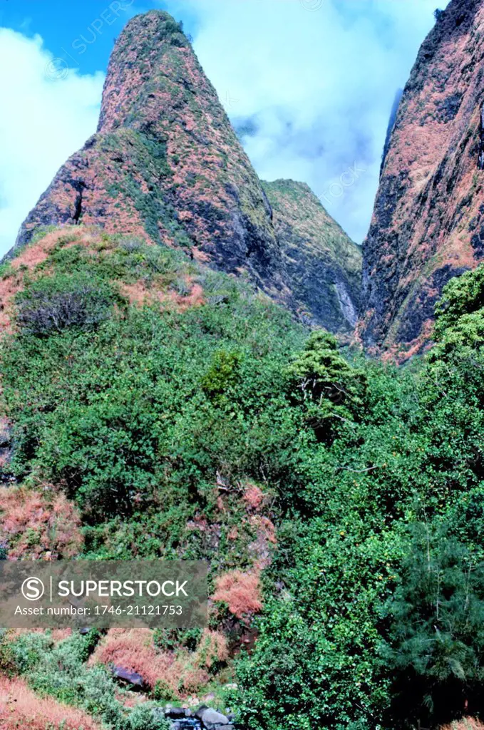 Photograph of the Iao Needle in the West Maui Mountains. Hawaii, Maui. Photographed by Commander John Bortniak. Dated 1980