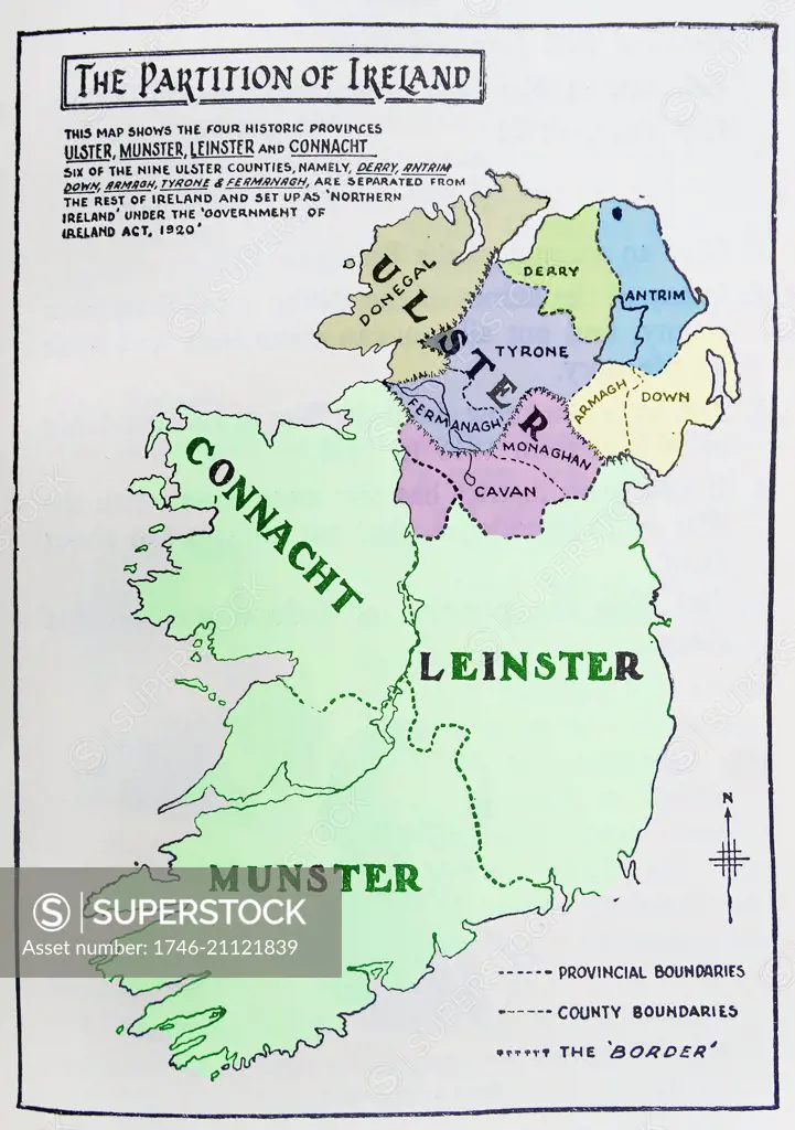 Map of the partition of Ireland; the division of the island of Ireland into two distinct territories; Northern Ireland and Southern Ireland in 1921