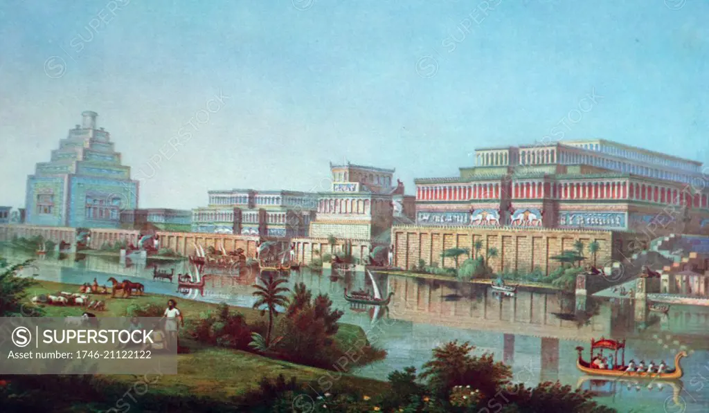 Illustration recreating Nineveh at the height of its' power. Nineveh was an ancient Mesopotamian city located in modern day Iraq; it is on the eastern bank of the Tigris River, and was the capital of the Neo-Assyrian Empire. Nineveh was one of the oldest and greatest cities in antiquity. The area was settled as early as 6000 BC and, by 3000 BC