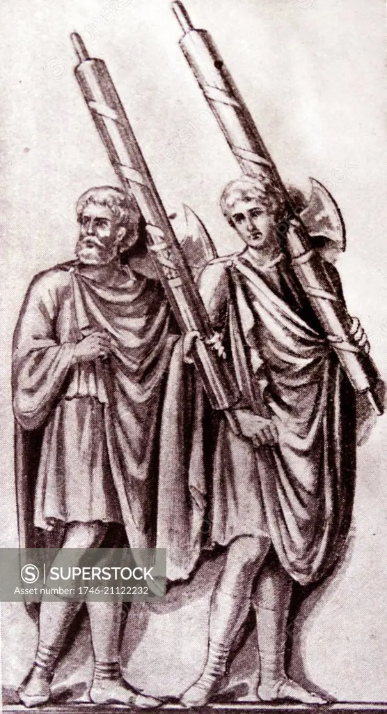 Roman lictors carrying Fasces. An ancient institution in Rome, the lictors date from the time of the kings. 'Fasces' were bundles of rods of elm or birch enclosing an axe and bound with a red strap.