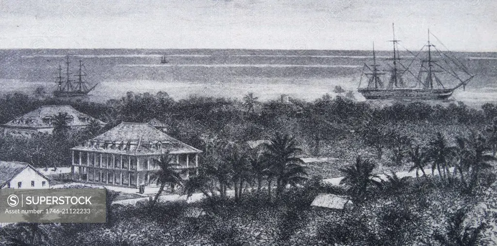 Palace of Queen Pomare IV. At Papeete, the capital of Tahiti in the year 1876. The residence of the French Governor is directly behind the Royal Palace.