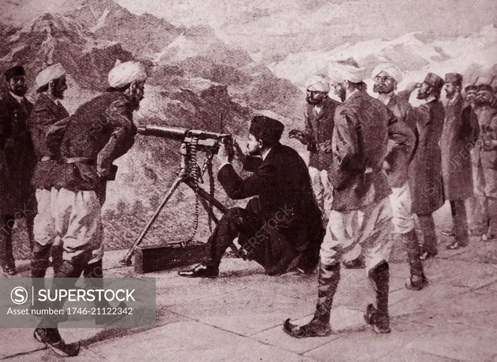 Mir Mahmud Khan II, ruler of the princely state of Kalat in what is now the Baluchistan province of Pakistan, testing a Maxim Gun during the army manoeuvers