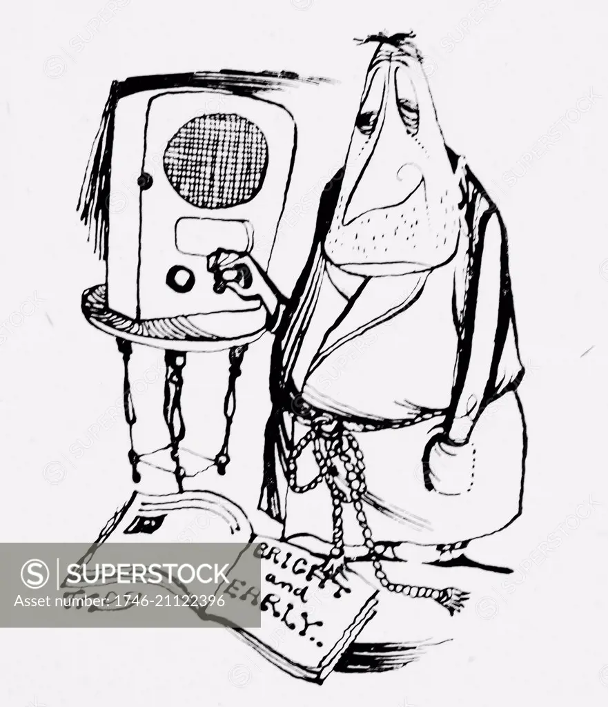 Cartoon by 'Trog' (Wally Fawkes) born in 1924. Cartoon depicts an unshaven man turning on the radio, early in the morning. Dated 1960