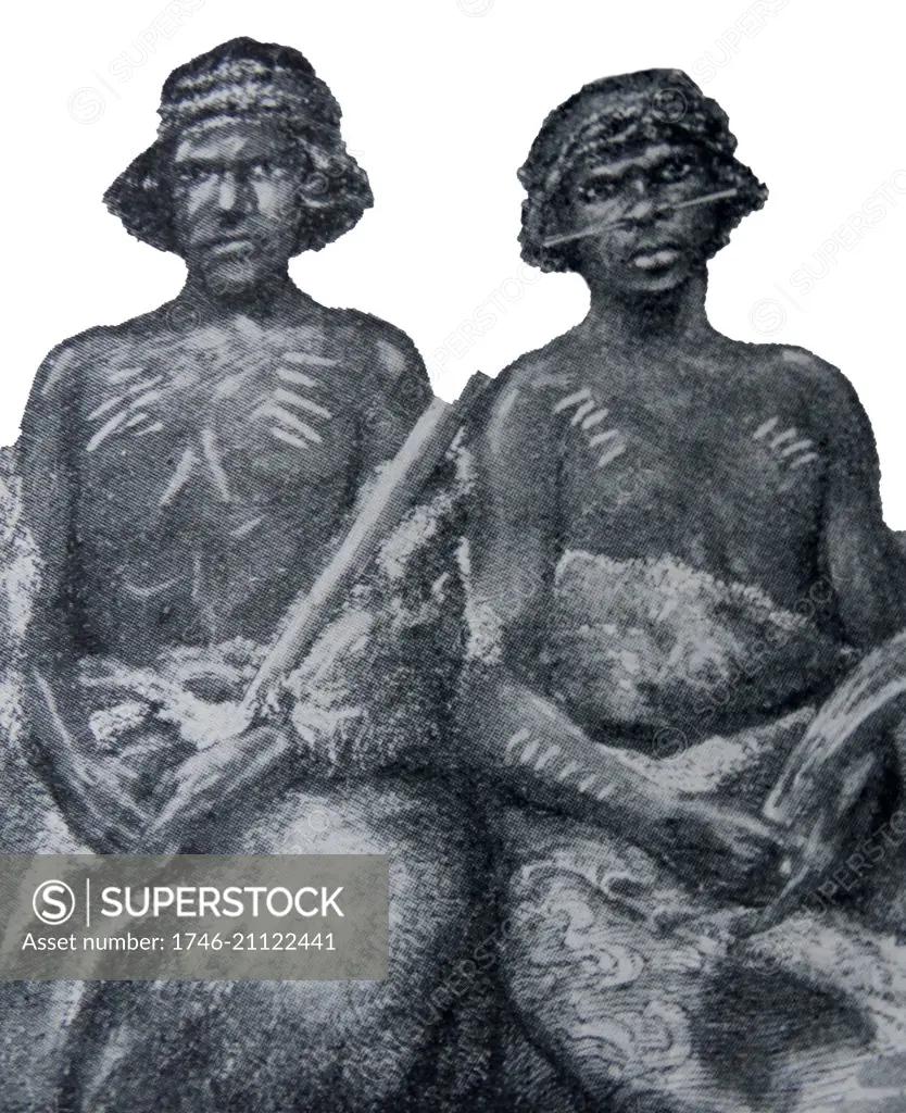 Illustration depicting two Australian aborigines in traditional cloaks. Dated c1850