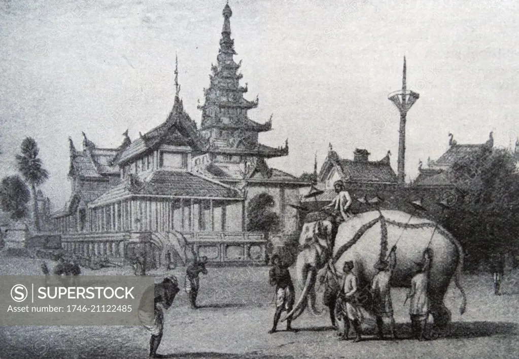 Sacred White Elephant at Amarapura, a former capital of Myanmar, (Burma) 1850