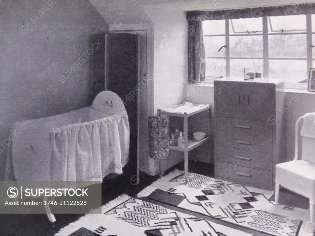 Photograph of a modern nursery, in a small town house, with washable rugs to cover the linoleum-covered floor.