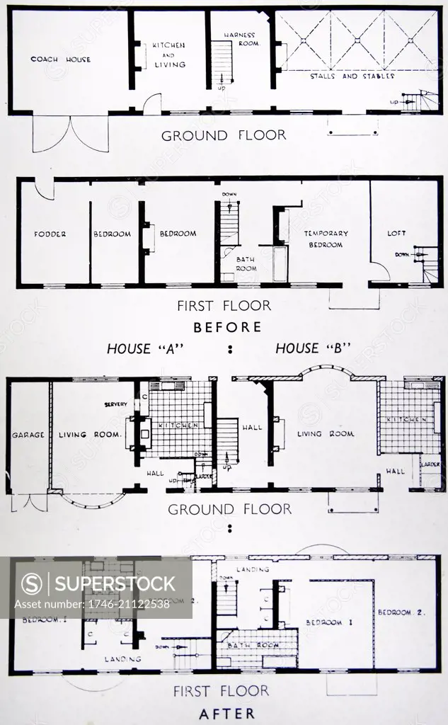 Floor plan of adjoined houses with stables and a coach house