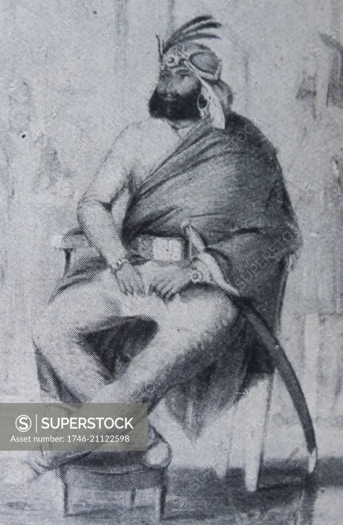 Portrait of Maharaja Sher Singh (1807-1843) a Sikh ruler of the sovereign country of Punjab and the Sikh Empire. Dated 19th Century