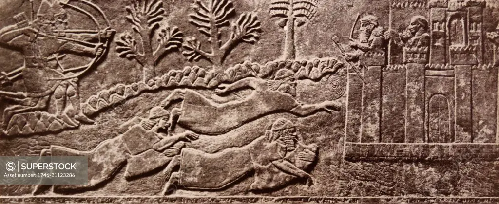 Relief of a siege depicts Assyrians crossing a moat or river using inflated animal skins as flotation devices. 1365ñ609 BC