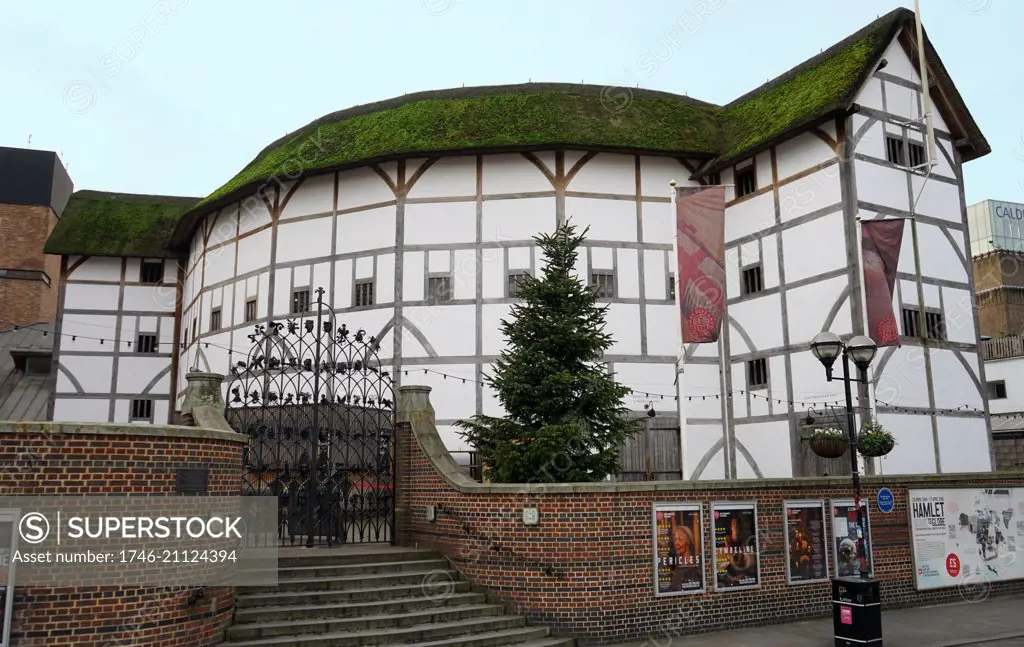 View of the Globe Theatre, associated with William Shakespeare. Built in 16th Century by Shakespeare's playing company, the Lord Chamberlain's Men. London. Dated 2015