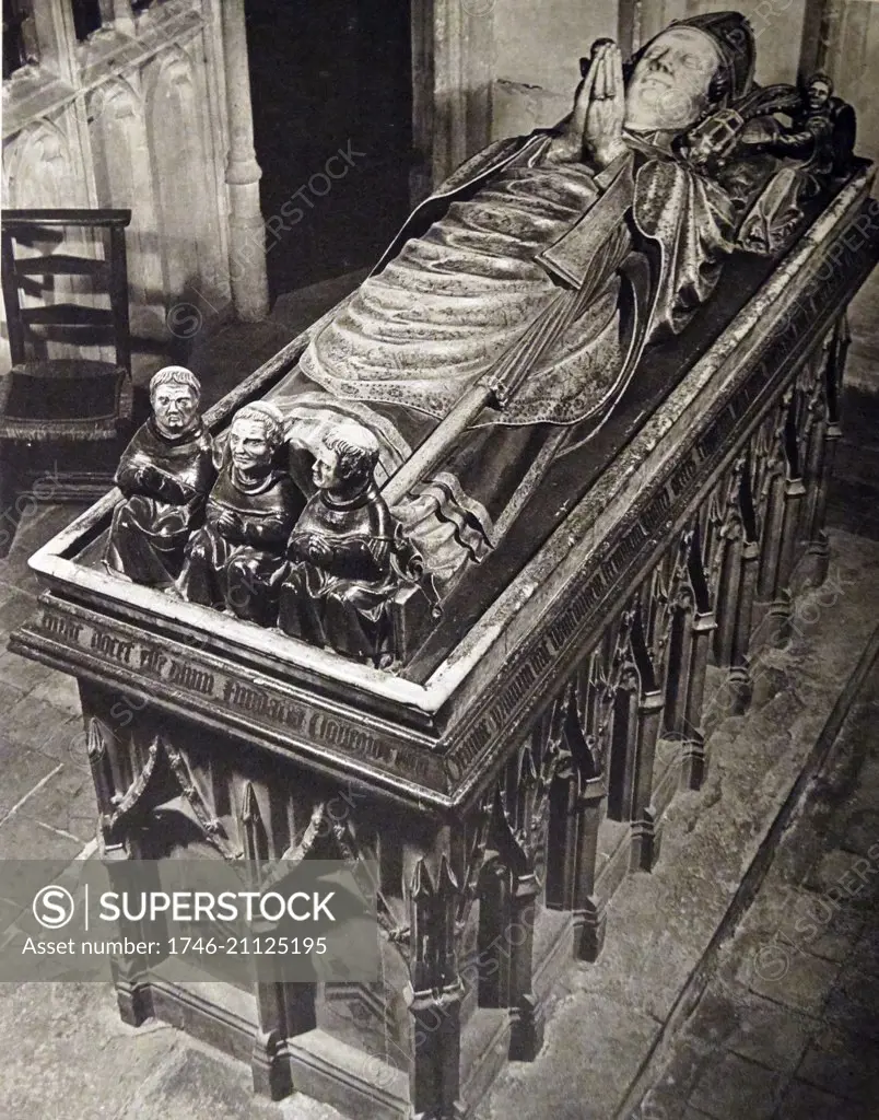 Photographic print of the effigy of William of Wykeham (1320-1404) Bishop of Winchester and Chancellor of England. Dated 19th Century