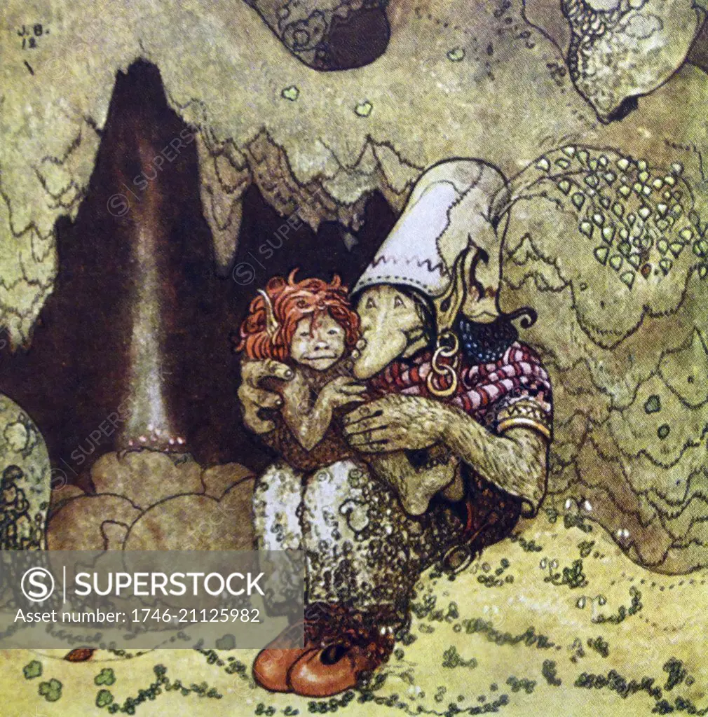 Coloured illustration of Humpe and his Mother from the Swedish Folklore and fairy tale book 'Among Gnomes and Trolls'. By John Bauer (1882-1918) a Swedish painter and illustrator. Dated 20th Century