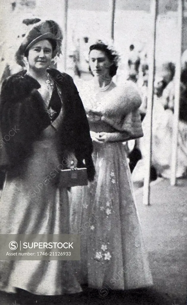 Photograph of Queen Elizabeth The Queen Mother (1900-2002) with Princess Elizabeth (1926-) at Buckingham Palace. Dated 20th Century.