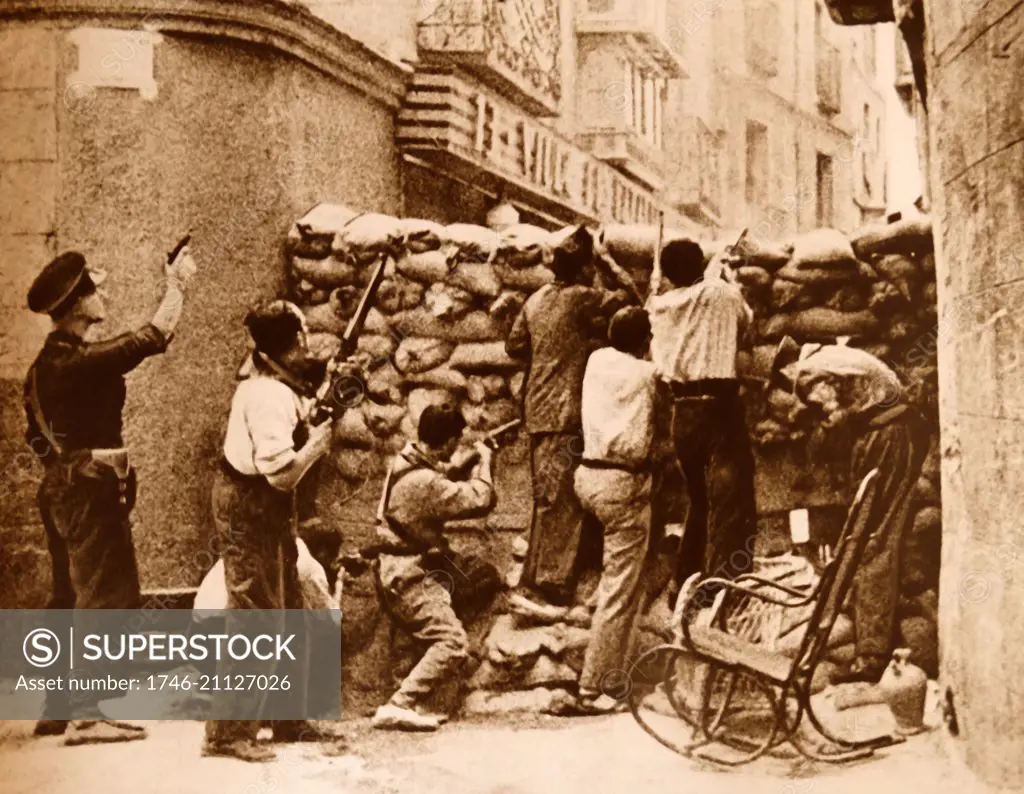 Spanish Republican barricade during the Siege of the Alcázar in Toledo in the opening stages of the Spanish Civil War. The Alcázar of Toledo was held by a variety of military forces in favour of the Nationalist uprising. Militias of the parties in the Popular Front began their siege on July 21, 1936. The siege ended on September 27 with the arrival of the Army of Africa under Francisco Franco