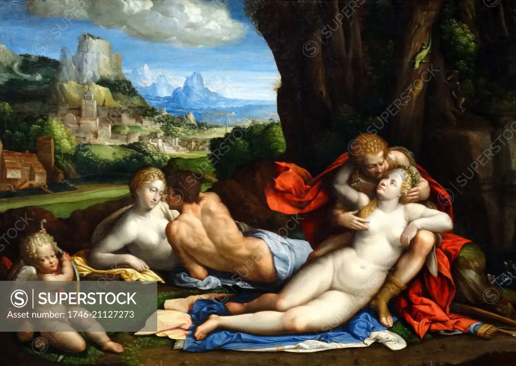 Painting titled 'An Allegory of Love' by Benvenuto Tisi (1481-1559) a Late-Renaissance-Mannerist Italian painter of the School of Ferrara. Dated 16th Century