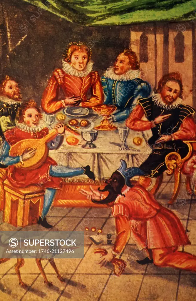 Painting depicting the nobles at a banquet with entertainers. Dated 16th Century