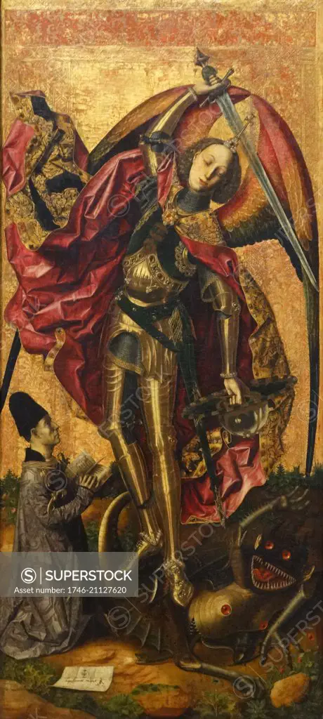 Painting titled 'Saint Michael Triumphs over the Devil' by Bartolomé Bermejo (1440-1501)  a Spanish painter who adopted Flemish painting techniques and conventions. Dated 15th Century