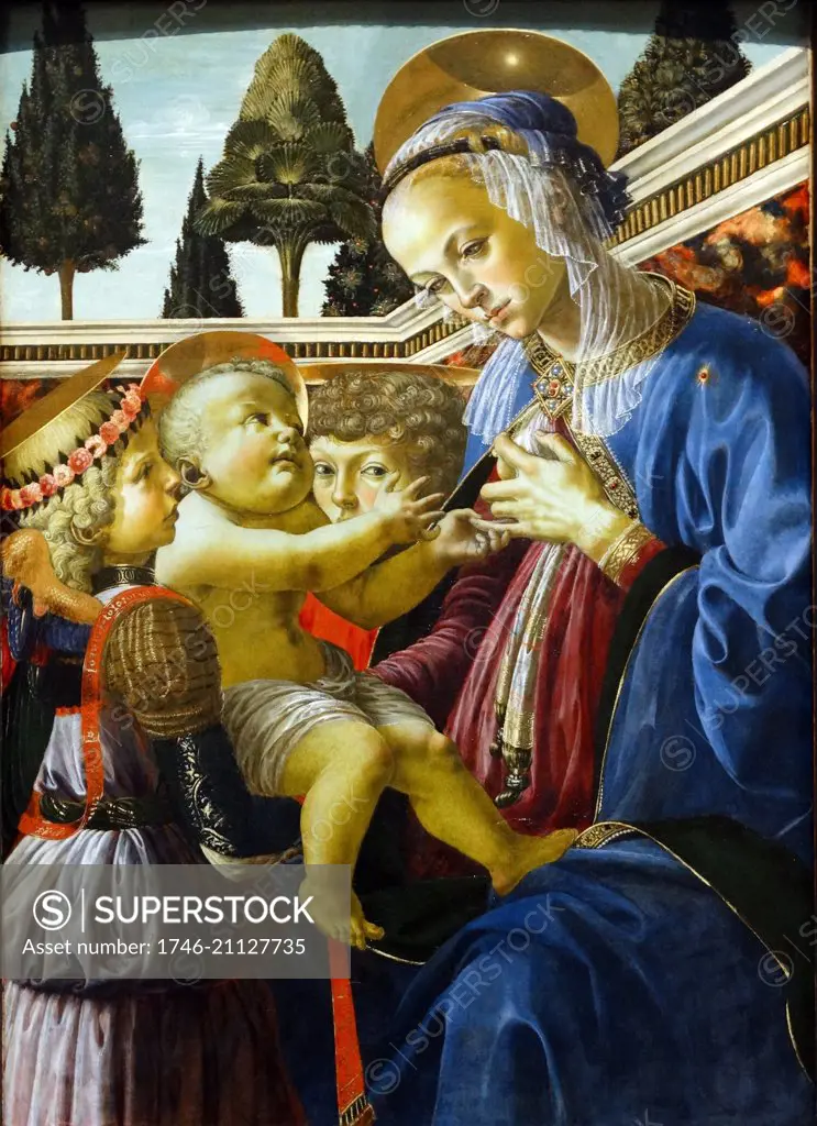 Painting titled 'The Virgin and Child with Two Angels' by Andrea del Verrocchio (1435-1488) an Italian painter, sculptor, and goldsmith. Dated 15th Century