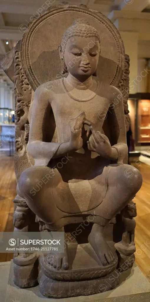 Stone carving of a seated Buddha from Sarnath, India. Dated 5th Century