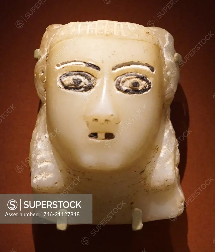 Carved stone head with coloured glass inlay from Ma'rib, capital of the Sabaean Kingdom. Dated 1st Century BC