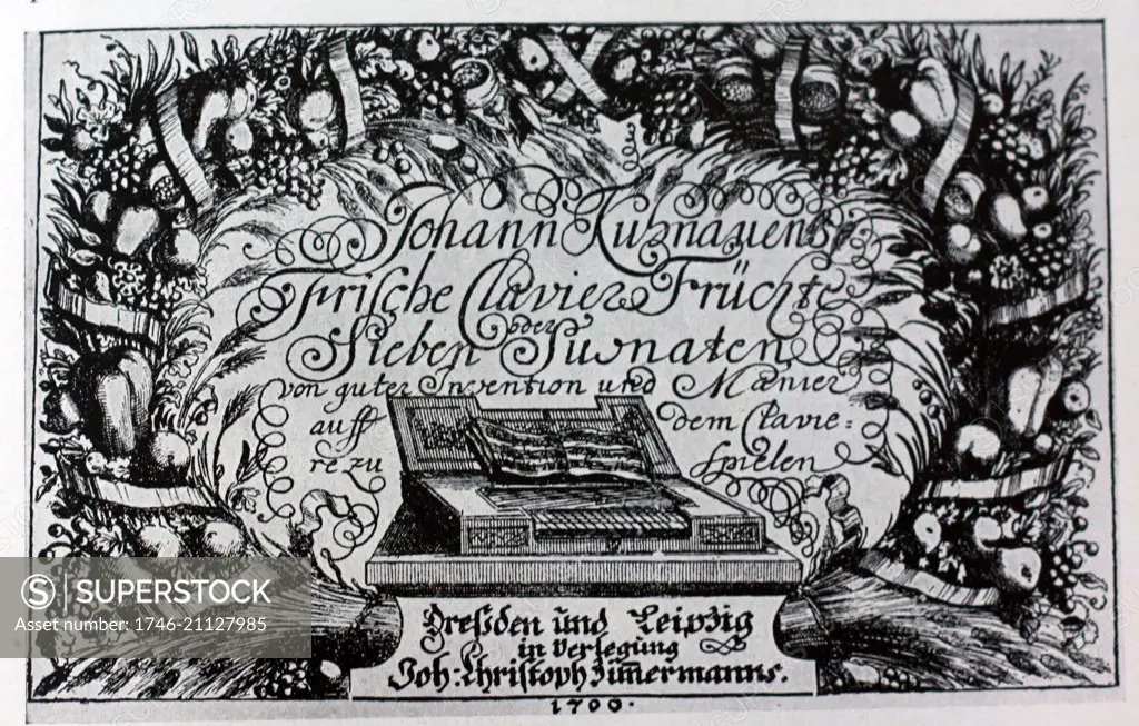 Front cover of sonatas for Harpischord by Johann Kuhnau (1660-1722) a German polymath, composer, novelist, translator, lawyer and music theorist. Dated 18th Century