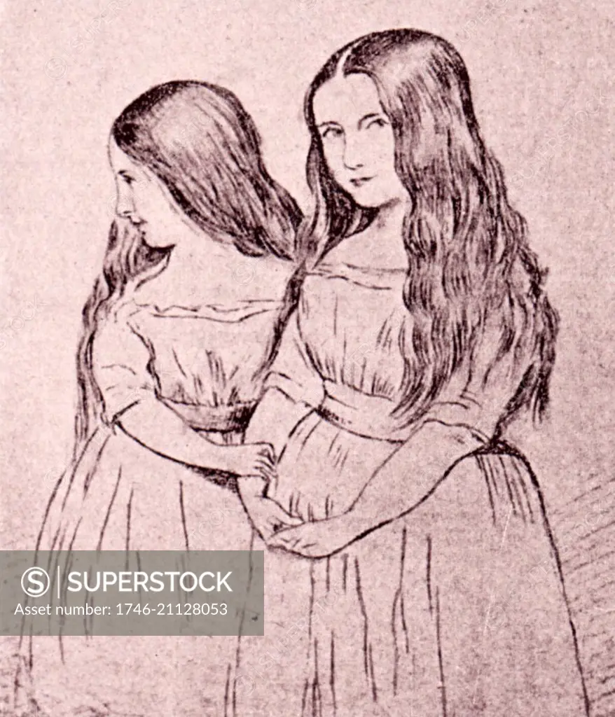 Cosima and Blandine Liszt, daughters of Franz Liszt a prolific 19th-century Hungarian composer. Drawing by Hemri Lehmann