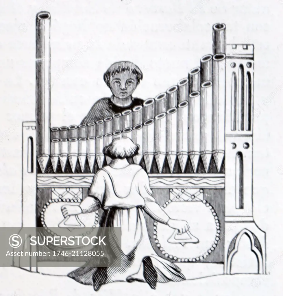 Line drawing of a portable organ. Dated 14th Century