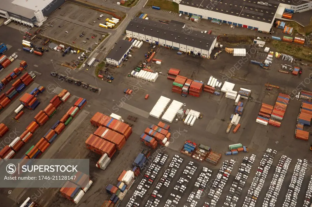 Aerial view of outskirts of Reykjavik, Iceland. Pictured are shipping containers at the dockyard. Dated 21st Century