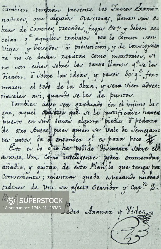 Handwritten letter by Pedro Aranaz 1742 1821 a Spanish composer