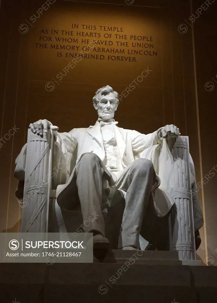 Statue of Abraham Lincoln within the Lincoln Memorial Monument. Sculptured by Daniel Chester French (1850-1931) and American sculptor. Dated 21st Century