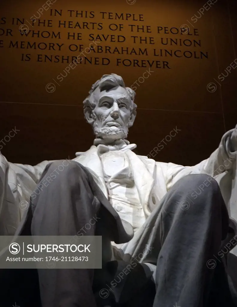 Statue of Abraham Lincoln within the Lincoln Memorial Monument. Sculptured by Daniel Chester French (1850-1931) and American sculptor. Dated 21st Century