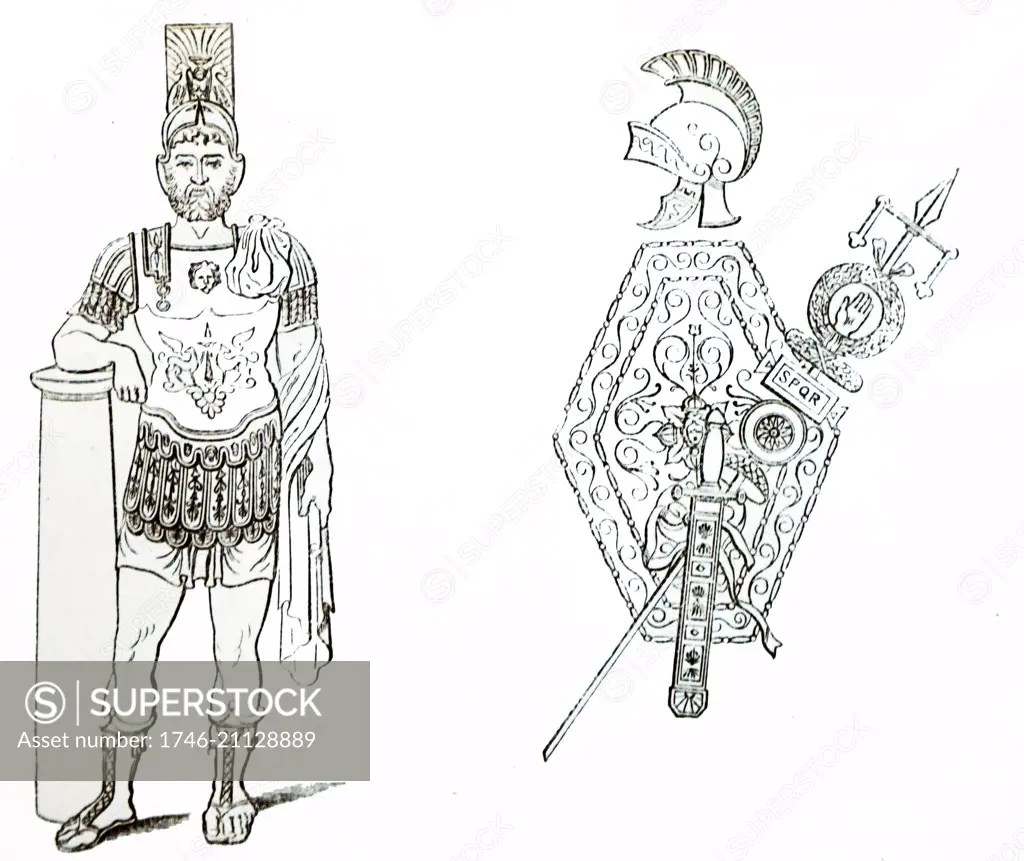 Engraving depicting a Roman General and a Roman Arms and Ensign. Dated 5th Century 