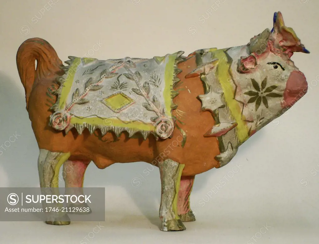 Mexican bull, painted ceramic by potter Modesta Fernandez of Metepec, west of Mexico City.