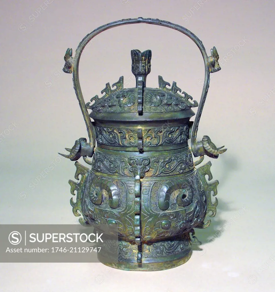 Ancient China: Lidded vessel with hinged handle (You), Western Zhou Dynasty, 1027 - 771 BC. Bronze.