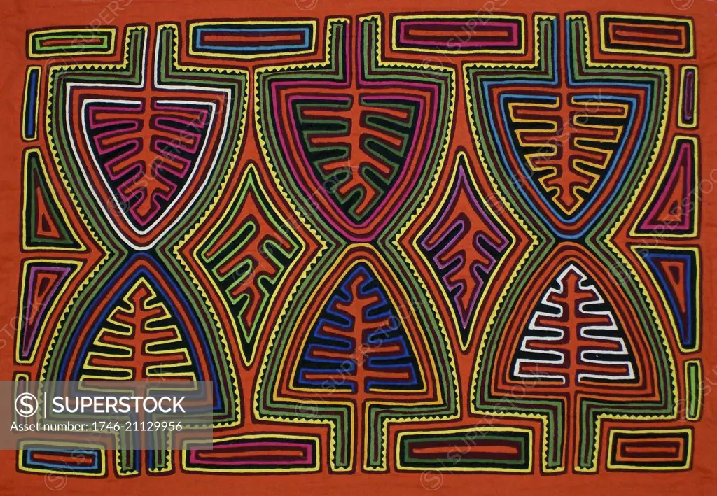 Mola textile by Kuna Indian artist, depicting an object used by this culture. From the San Blas Archipelago, Panama. Reverse applique design worn on female blouse.