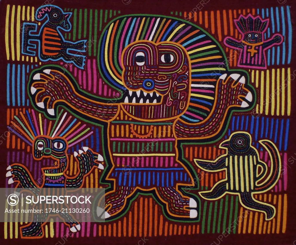 Mola textile by Kuna Indian artist, depicting a monster. From the San Blas Archipelago, Panama. Reverse applique design worn on female blouse. 13.5 x 16.5 in. From the island of Naranha Grande. A bipedail leonine monster.