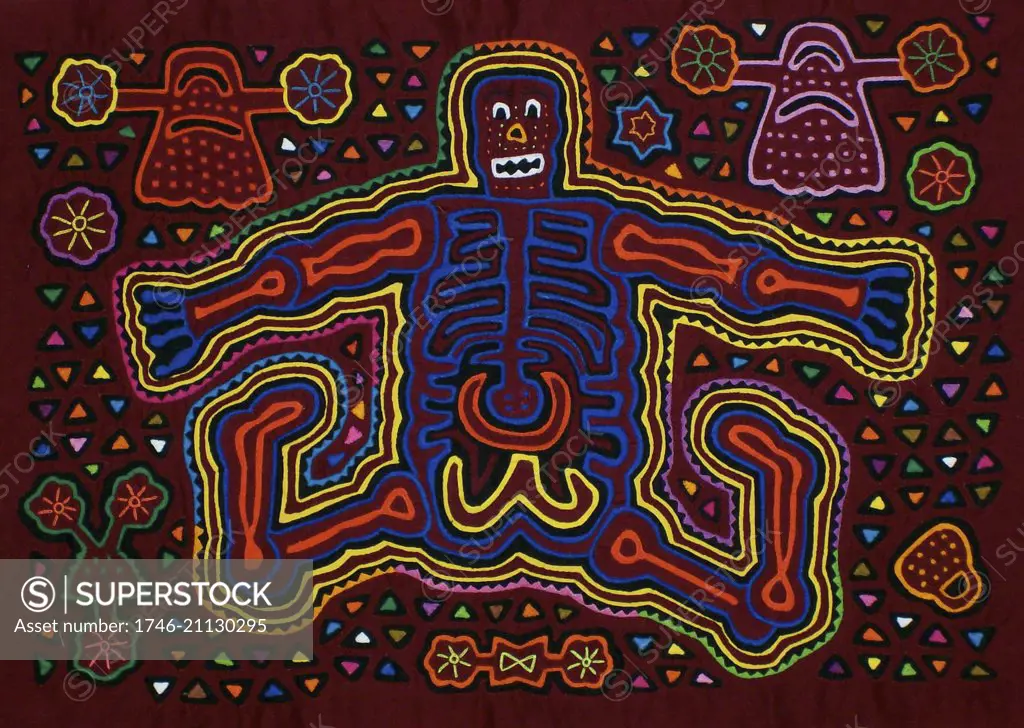 Mola textile by Kuna Indian artist, depicting a monster. From the San Blas Archipelago, Panama. Reverse applique design worn on female blouse.