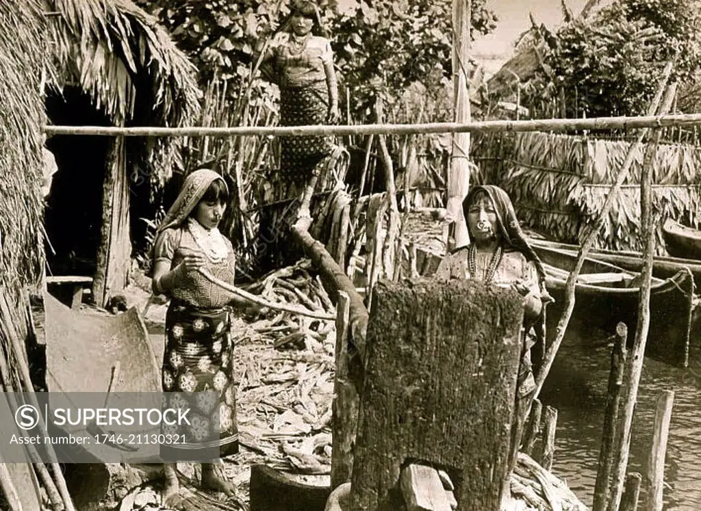 Kuna Indian women shown crushing sugar-cane. From the San Blas Archipelago, Panama. Early postcard.