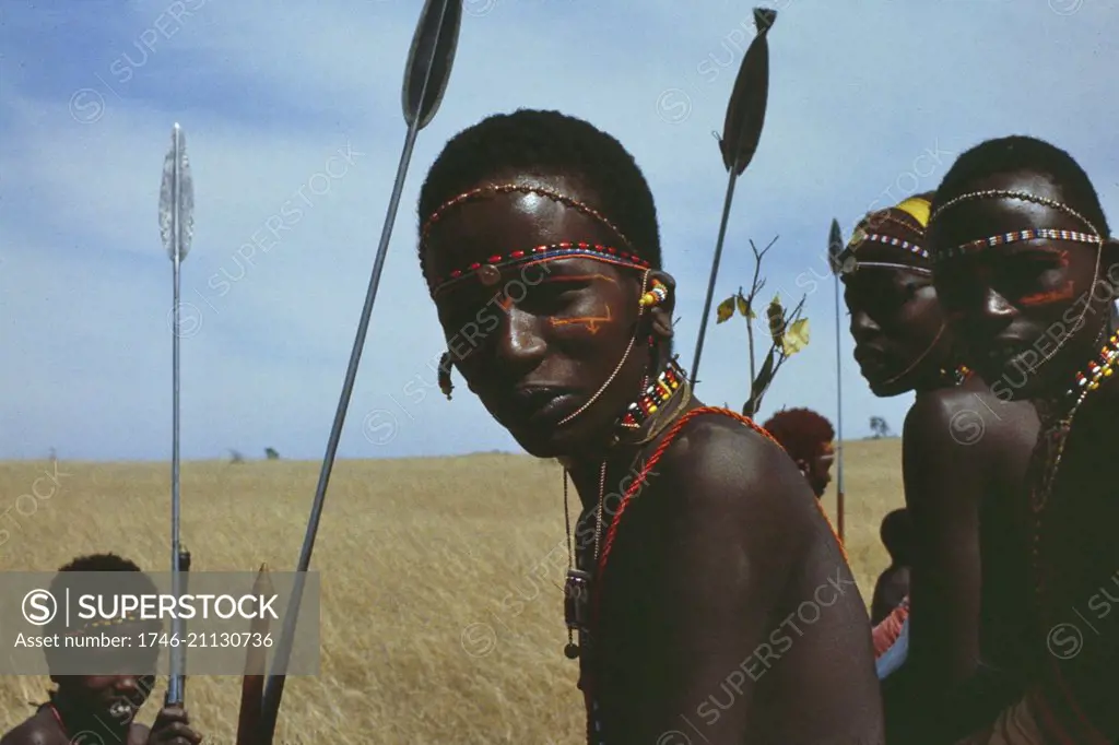 Young warriors (the Moran) of the Samburu tribe, Kenya, Africa. 1981.