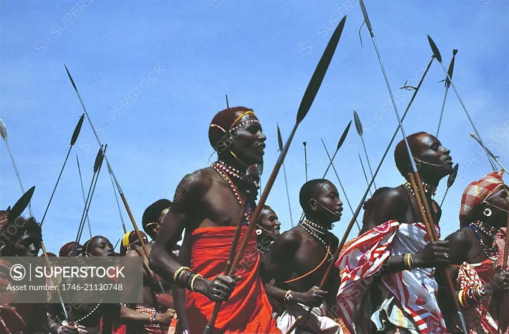 War Dance by young warriors (the Moran) of the Samburu tribe, Kenya, Africa. 1981.