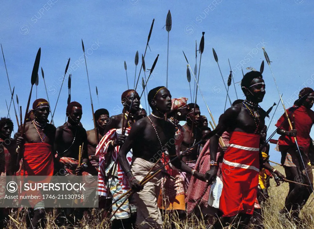 War Dance by young warriors (the Moran) of the Samburu tribe, Kenya, Africa. 1981.