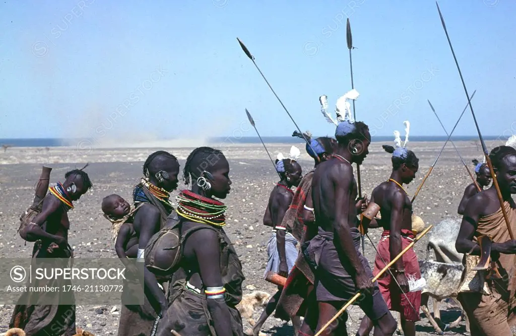 Turkana tribespeople, near Lake Turkana, Kenya, Africa. 1981.