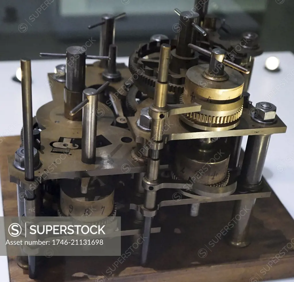 Difference engine, an automatic mechanical calculator designed to tabulate polynomial functions, designed by Charles Babbage (1791-1871) an English polymath, mathematician, philosopher, inventor and mechanical engineer. Dated 19th Century