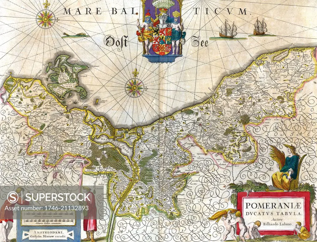 Map of the historical Duchy of Pomerania. The Duchy of Pomerania 12th century ñ 1637; was a duchy in Pomerania on the southern coast of the Baltic Sea, ruled by dukes of the House of Pomerania (Griffins). Dated 1635