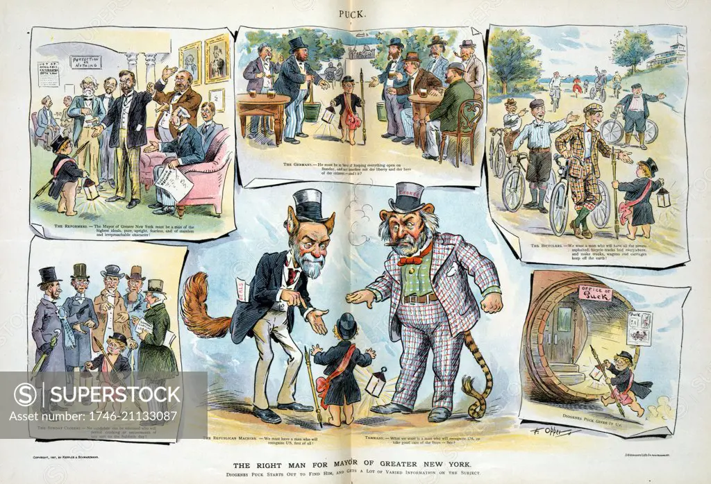 The right man for mayor of greater New York by Frederick Burr Opper, 1857-1937, artist 1897. Print shows a vignette cartoon with Puck as Diogenes carrying a lantern and a lithographic pen, seeking the perfect mayor for New York City; at centre Puck gets the opinion of 'The Republican Machine' (Thomas C. Platt with the tail and ears of a fox) and 'Tammany' Hall (Richard Croker with the tail and ears of the Tammany Tiger), and in the surrounding vignettes, he hears the opinions of 'The Sunday Clos