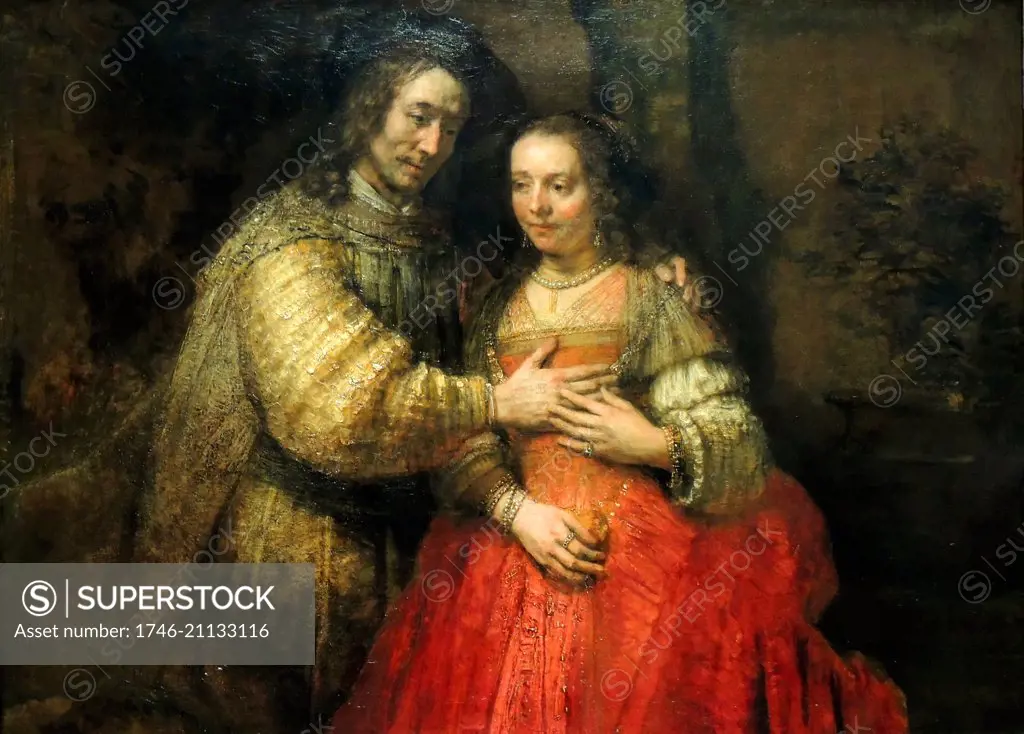 The Jewish Bride is a painting by Rembrandt, painted around 1667. The painting gained its name in the early 19th century, when an Amsterdam art collector identified the subject as that of a Jewish father bestowing a necklace upon his daughter on her wedding day.