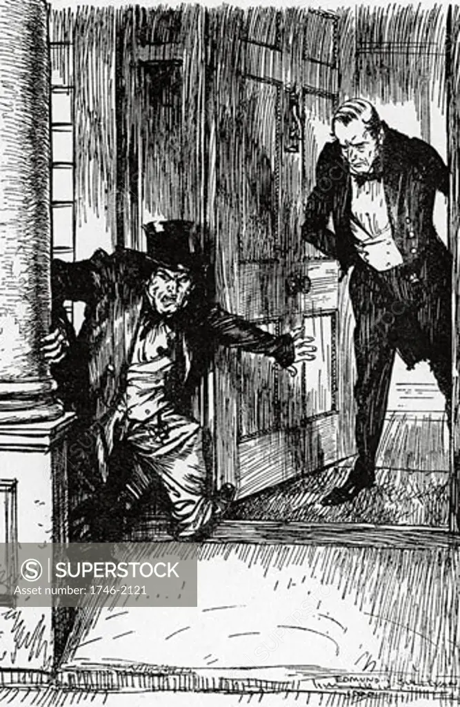 Dr Lanyon opens his door at midnight to a small man in clothes too big for him: Mr Hyde., From The Strange Case of Dr Jekyll and Mr Hyde, The novella written by Robert Louis Stevenson, first published 1886, Illustration by Edmund J. Sullivan (1866-1933/English)